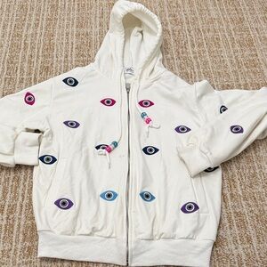Lola + the Boys White Hoodie with Eye Pattern
